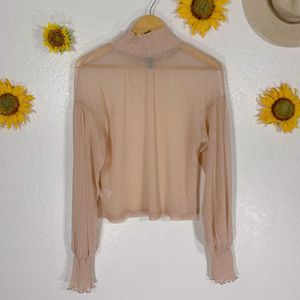 Forever 21 Blush Pink Sparkle Mock Neck Lightweight Semi-sheer Blouse Size Small